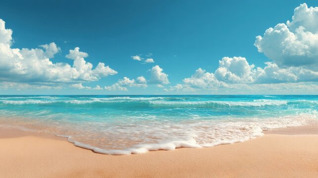 Turquoise ocean waves gently washing onto a pristine sandy beach on a beautiful sunny day with fluffy white clouds dotting the vibrant blue sky - Powered by Adobe