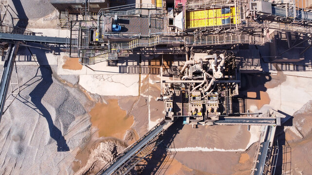 Aerial view of sand and gravel aggregate processing machinery 
