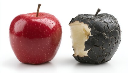 Fresh apple beside a blackened, eaten apple