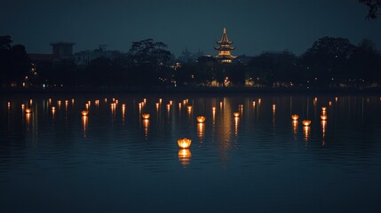 Fototapeta premium Peaceful, nocturnal scene by the water with glowing lanterns.