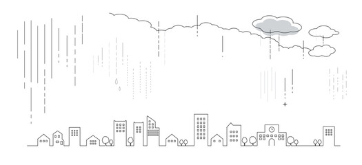 シンプルな雨降る街並みのシルエットの線画イラスト　背景イラスト　都市景観
