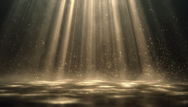 Golden light beams illuminate a dark space