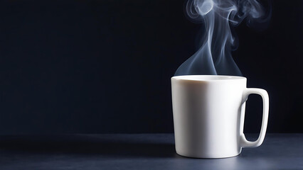 White Mug with Fluffy Cloud of Steam Against Dark Background