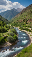 Fototapeta premium Mountain River Valley: Serene mountain river flows through a lush green valley, surrounded by majestic mountains under a vibrant blue sky.