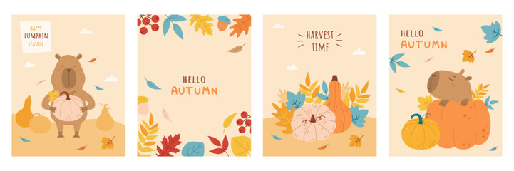 Autumn collection of cards with funny capybara