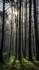 Fototapeta premium Sunlit Serenity in Forest: A tall, majestic forest with the sun shining through its dense canopy, casting ethereal light and shadow across the vibrant green undergrowth.