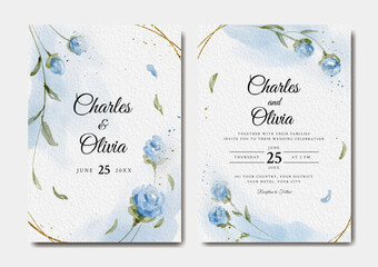 Beautiful wedding invitation template with blue floral and gold splatter