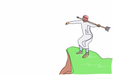Single continuous line drawing strong Arabian businessman throwing rising up arrow to achieve goal. Business growth, success and improvement concept. One line draw graphic design vector illustration