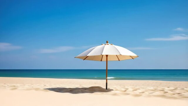 Tranquil beach scene featuring a pristine white parasol offering shade over golden sand with a serene seascape and clear blue sky backdrop.
