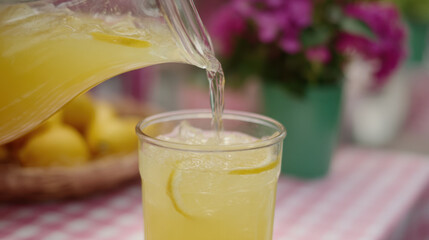 Refreshing lemonade being poured into glass at picnic