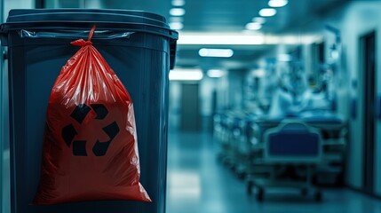 Hospital hallway receptacles with recyclable waste bags.