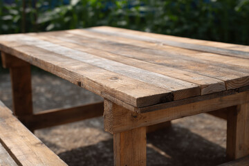 Fototapeta premium Rustic picnic table made of wooden pallets outdoors