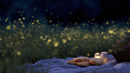 Picnic scene with fireflies illuminating twilight