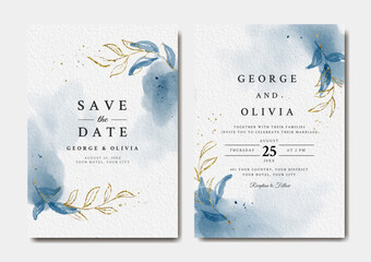 Watercolor wedding invitation template with blue and gold leaves