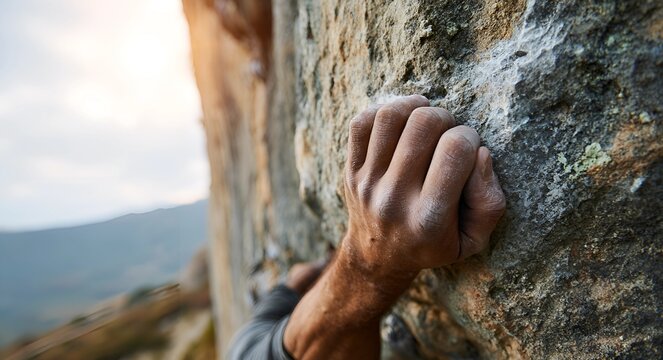 Rock climber in tense moment on cliff face.