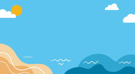 Minimalist Beach Scene with Sun, Clouds, and Waves
