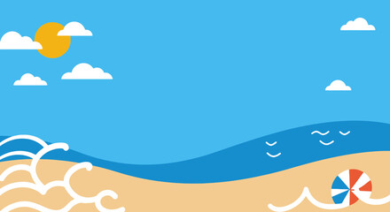 Flat Design Beach Scene with Sun, Sea, and Umbrella