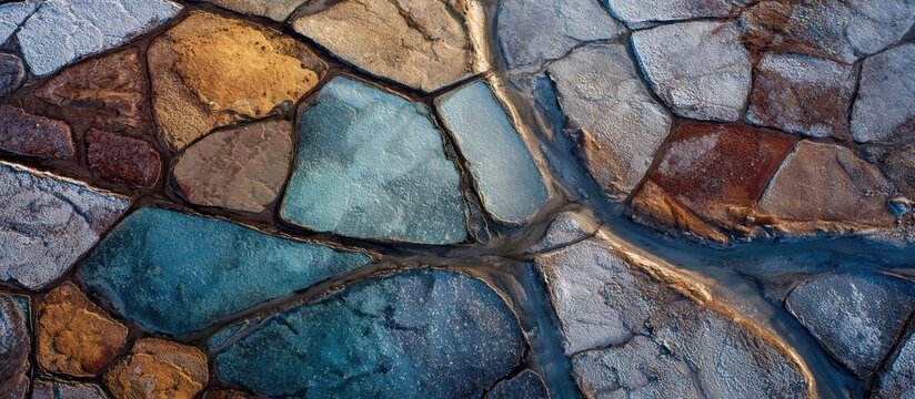 Aerial view of prismatic ice polygons in thawing permafrost for climate crisis documentaries, abstract art installations, and environmental tech branding.

