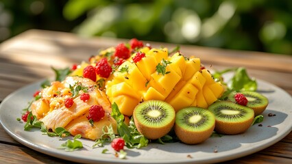 A vibrant plate of fresh mango, kiwi, red berries, and greens, beautifully arranged on a table outdoors.