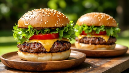 Two juicy cheeseburgers with lettuce, tomato, and sesame seed buns on wooden plates, served outdoors on a sunny day.