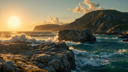 Rocky coastline at sunset with crashing waves and dramatic clouds over distant mountains.