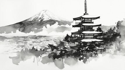 Monochrome Ukiyoe of Mt. Fuji/富士山のモノクロ浮世絵6 © 雅