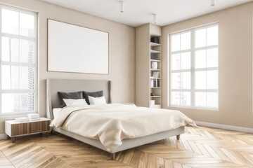 Modern Minimalist Bedroom Interior with Natural Light and Wooden Flooring