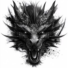 Black and white drawing of Dragon head