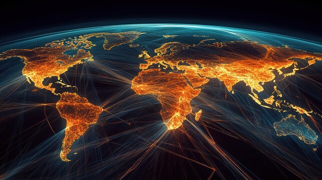 A digital map of the world highlighting global air freight routes.