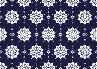 Seamless white floral blooming on dark blue background, ethnic fabric pattern, Portuguese style, design for cloth, carpet, batik, wallpaper, wrapping etc.