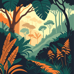 Stylized Digital Illustration of a Lush Forest with Watercolor-Inspired Vibrant Colors and Layered Foliage