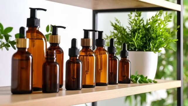 Amber glass bottles with droppers and pumps on a light wooden shelf surrounded by green plants for aromatherapy or skincare.