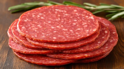 Delicious Salami Slices with Rosemary on Wood Board