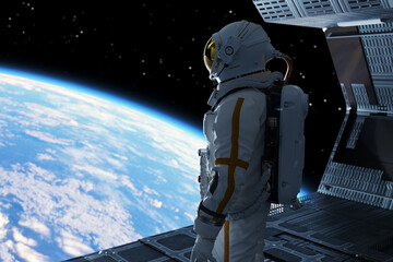 Astronaut   looking at the planet from a space station