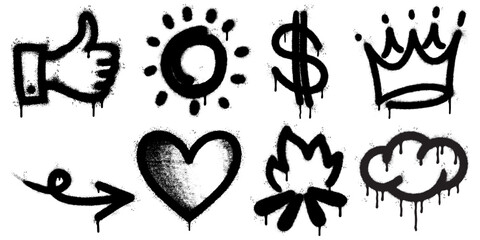 graffiti style icon set with black spray stencil elements. arrow, crown, heart, cloud, flame, sun, thumbs up, and dollar sign. Grunge, dripping paint texture gives strong street art aesthetic.