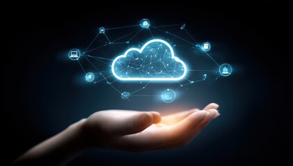 Hand holding a glowing cloud network graphic