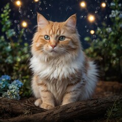 Orange cat amidst garden scene at night