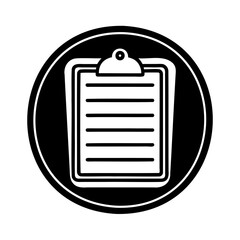 Black and white clipboard icon inside a circle suitable for various business concepts and designs