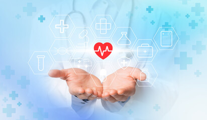 Doctor holds red heart icon surrounded by medical icons, Digital health, Smart hospitals, Medical support concept