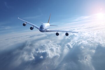 Obraz premium An Airplane Flying in the Sky with Clouds in a Sunny Day