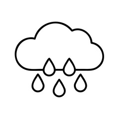 Simple weather icon illustrating rainfall from a cumulus cloud in outlined black and white