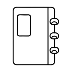 Simple black and white line art of a spiral bound notebook with rectangle detail