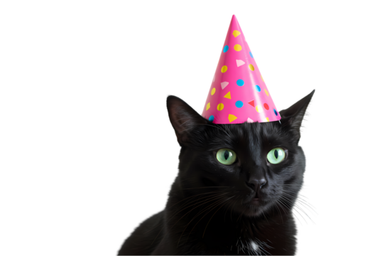Black Cat Wearing a Party Hat isolated on transparent baackground - Powered by Adobe