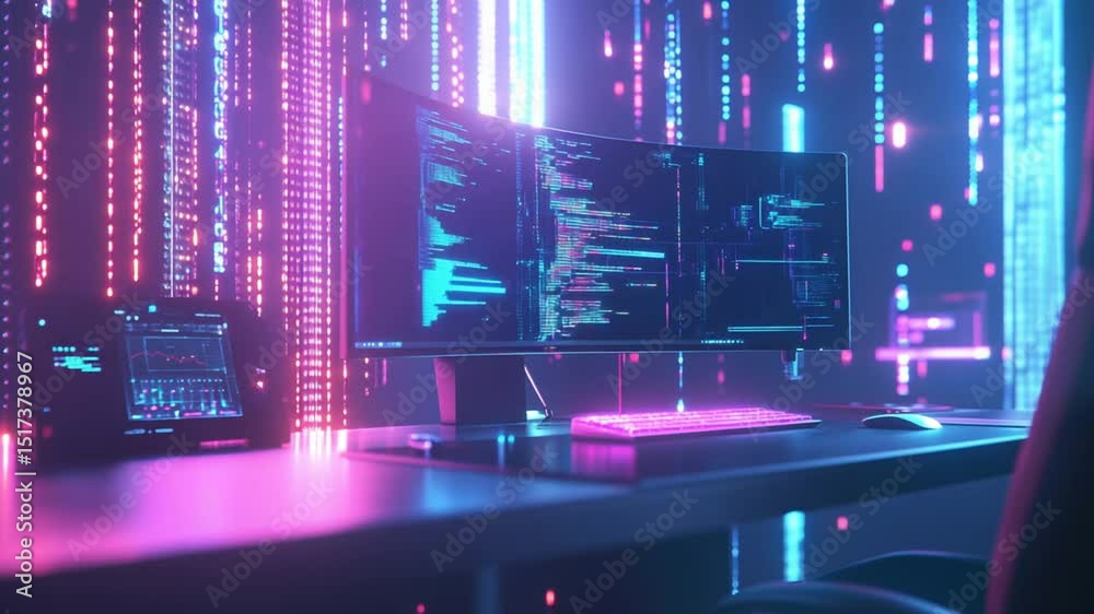 Poster futuristic workspace with glowing code and neon lights for developers and programmers