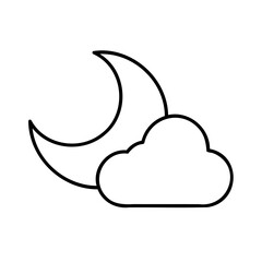Simple black and white illustration of a crescent moon and cloud symbol for nighttime weather