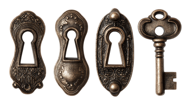 Antique Ornate Keyhole Covers and Key Set, PNG