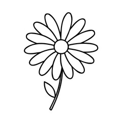 Simple black and white outlined daisy flower with stem and leaf for design elements