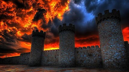 Fototapeta premium Dramatic Stone Castle Under a Fiery Sky