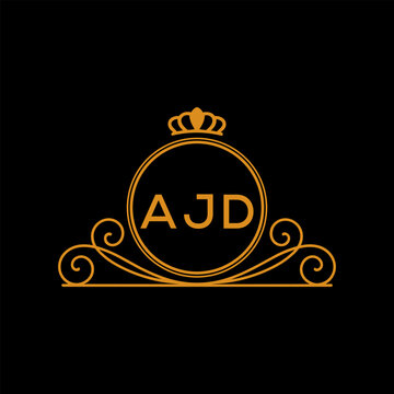 AJD Luxury Monogram Logo Design with Crown and Swirl Ornament. AJD Royal Elegant Initial Emblem.
