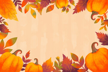 Colorful autumn leaves and pumpkins create a festive border